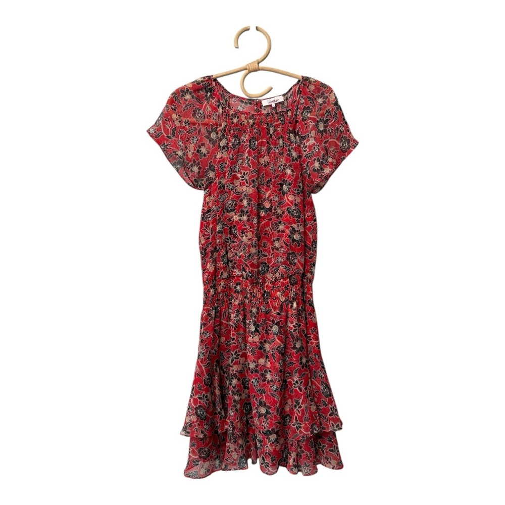 Parker Red Black Silk Floral V Neck Dress Mini Smocked Waist Ruffled Mini Dress - Picture 5 of 15